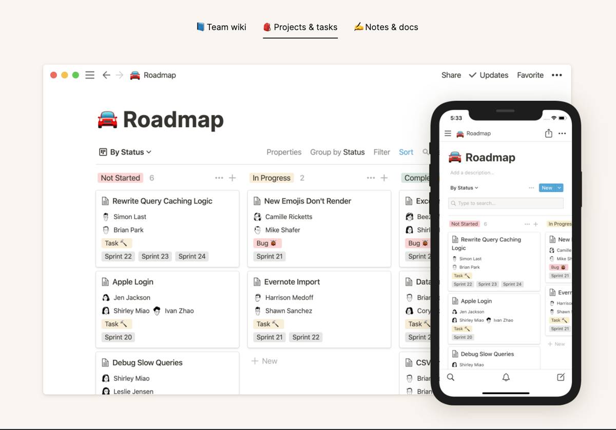 Project roadmap with task statuses shown on desktop and mobile screens in task management app