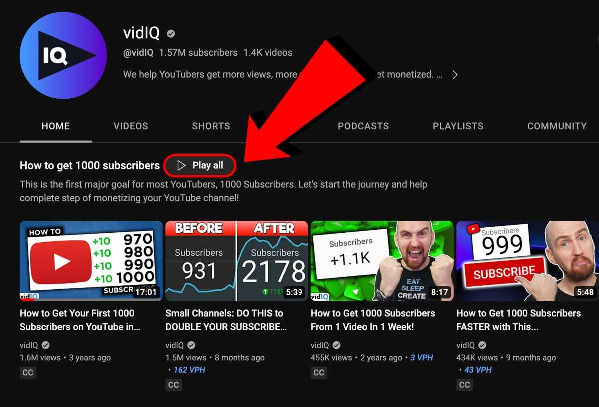An arrow pointing to a playlist in vidIQ's featured section