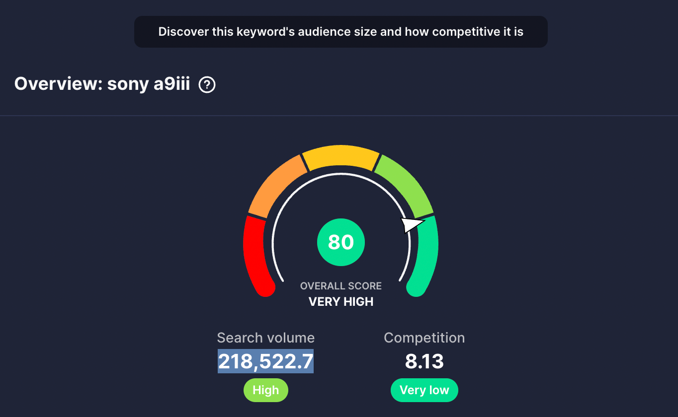 vidIQ gives a score of 80 to the keyword 'sony A9iii'
