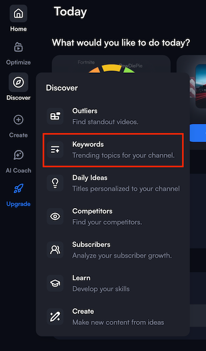 vidIQ dashboard showing the Keywords tab location for YouTube keyword research