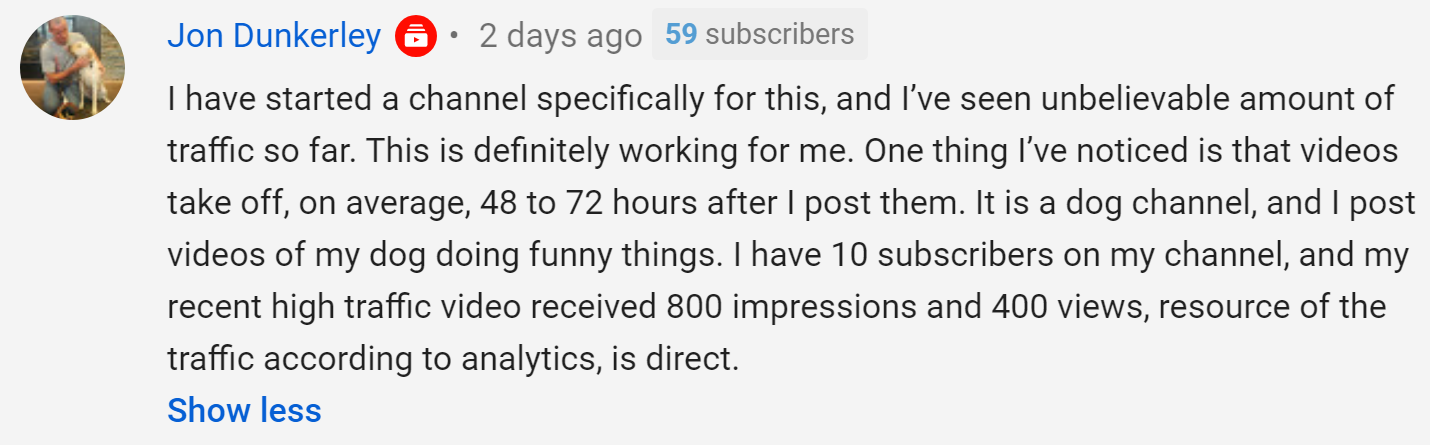 User profile picture of a man holding a dog, displayed next to a YouTube comment text.