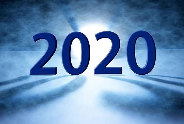 Blue 3D 2020 numbers with light and shadows on a smoky blue background.