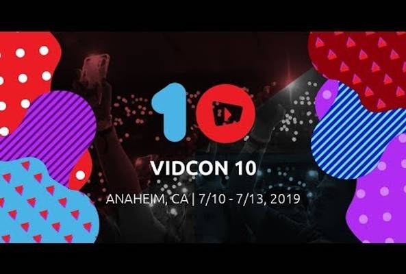 VidCon 10 logo with event details and colorful shapes, Anaheim CA, July 2019