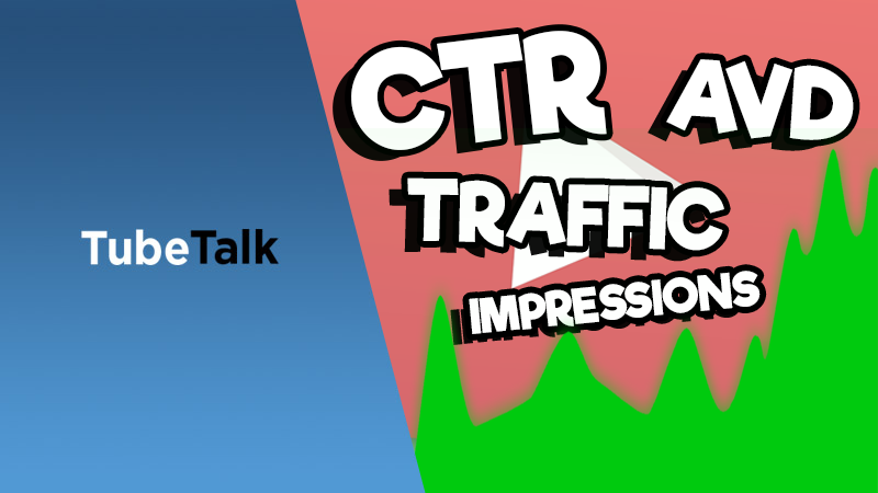 TubeTalk logo with YouTube metrics like CTR, AVD, traffic, and impressions graph