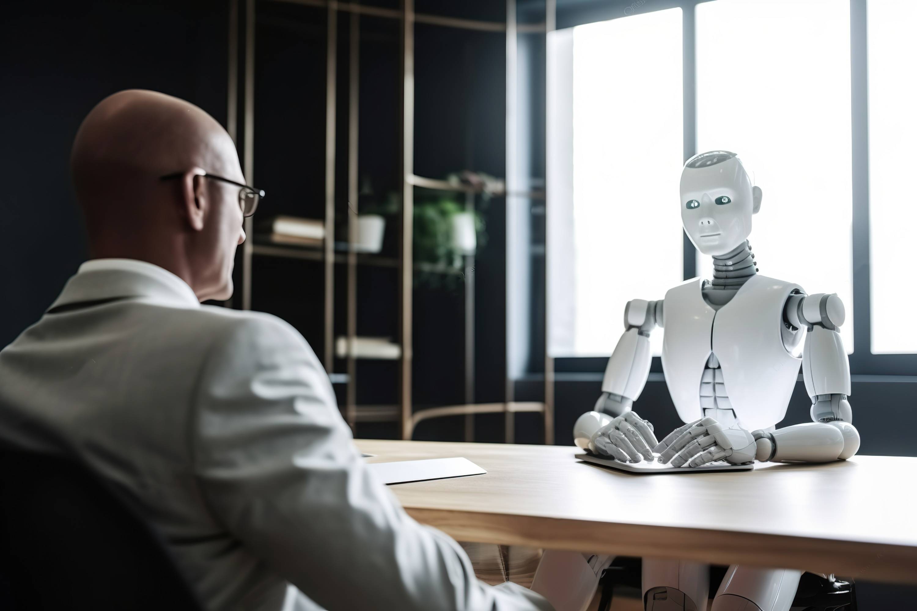Robot interviewing man