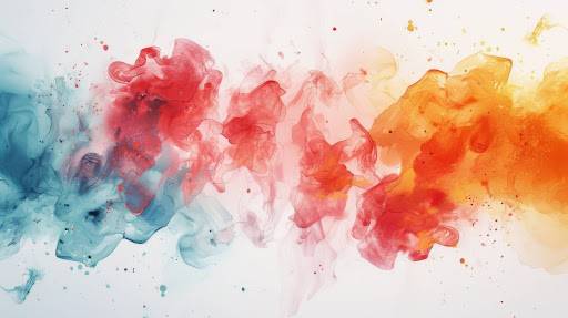 Drops of red, blue, and yellow dye dispersing in water, forming soft gradients and swirls.