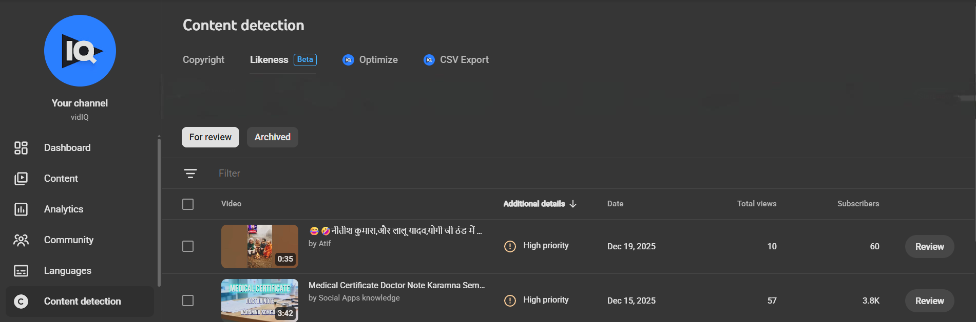 Likeness tab under the Content detection section on YouTube studio
