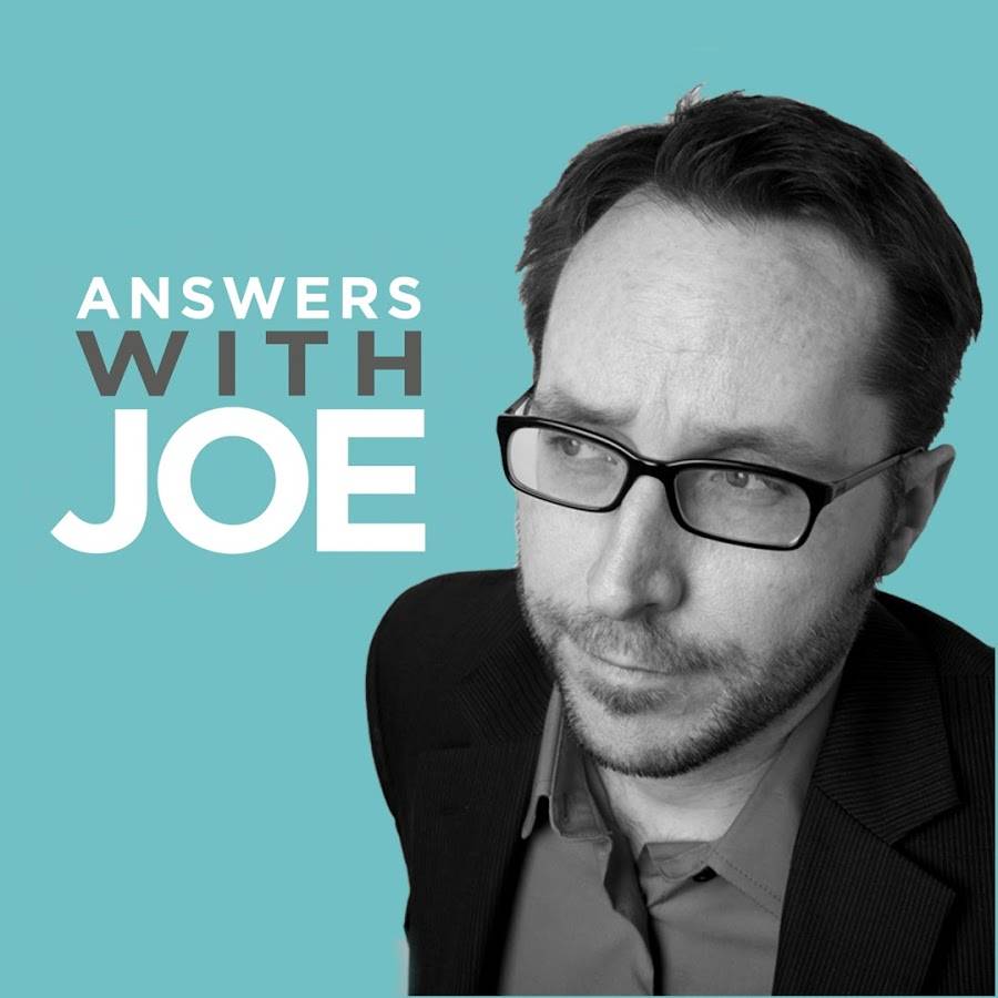 Portrait of a man with glasses and text "Answers with Joe" on a teal background.