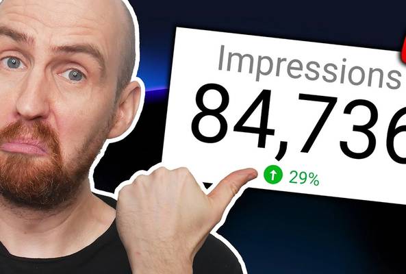 Man pointing to 84,736 impressions with 29% increase on YouTube analytics screen