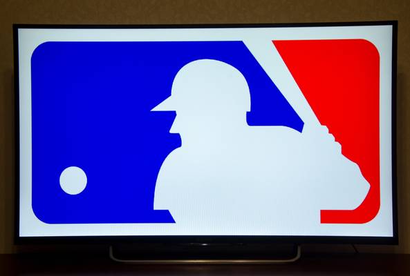 Major League Baseball logo with player silhouette in blue, red, and white colors