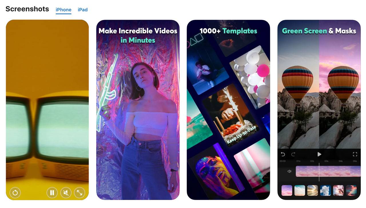 Images of the Filmora app, including green screen, masks, and video templates