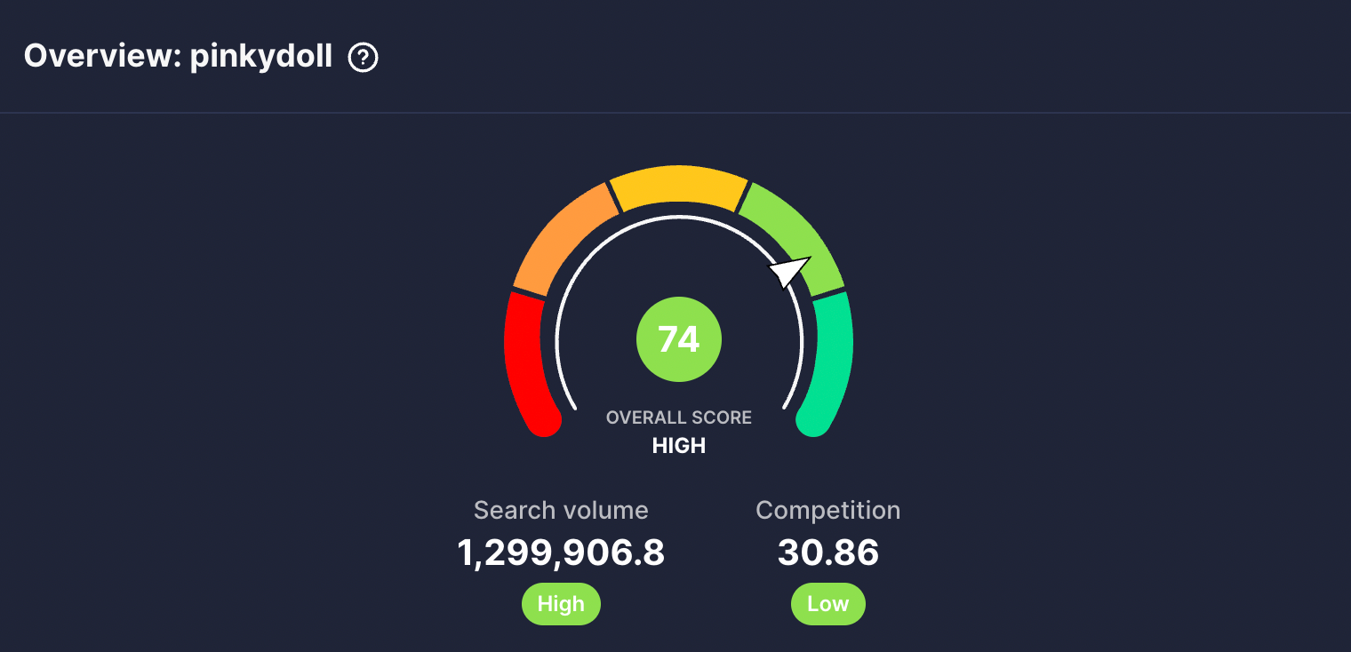 vidIQ shows a keyword score of 74 for the topic Pinkydoll