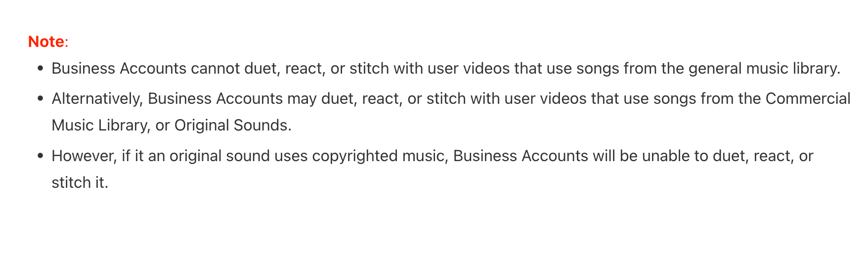 Alt text: Guidelines for Business Accounts on duet, react, and stitch with music copyright rules.