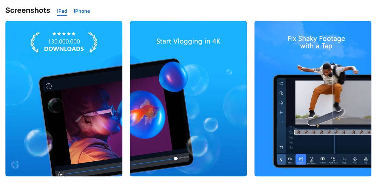 Images of the PowerDirector app and its features, including 4K resolution and video stabilizer