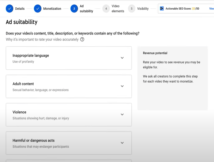 YouTube ad suitability checklist showing content categories for video monetization review