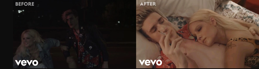 Before and after scenes of a couple, showing nighttime and daytime intimate moments.
