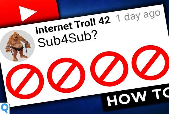 YouTube comment from Internet Troll 42 asking Sub4Sub with vidIQ logo and prohibition symbols