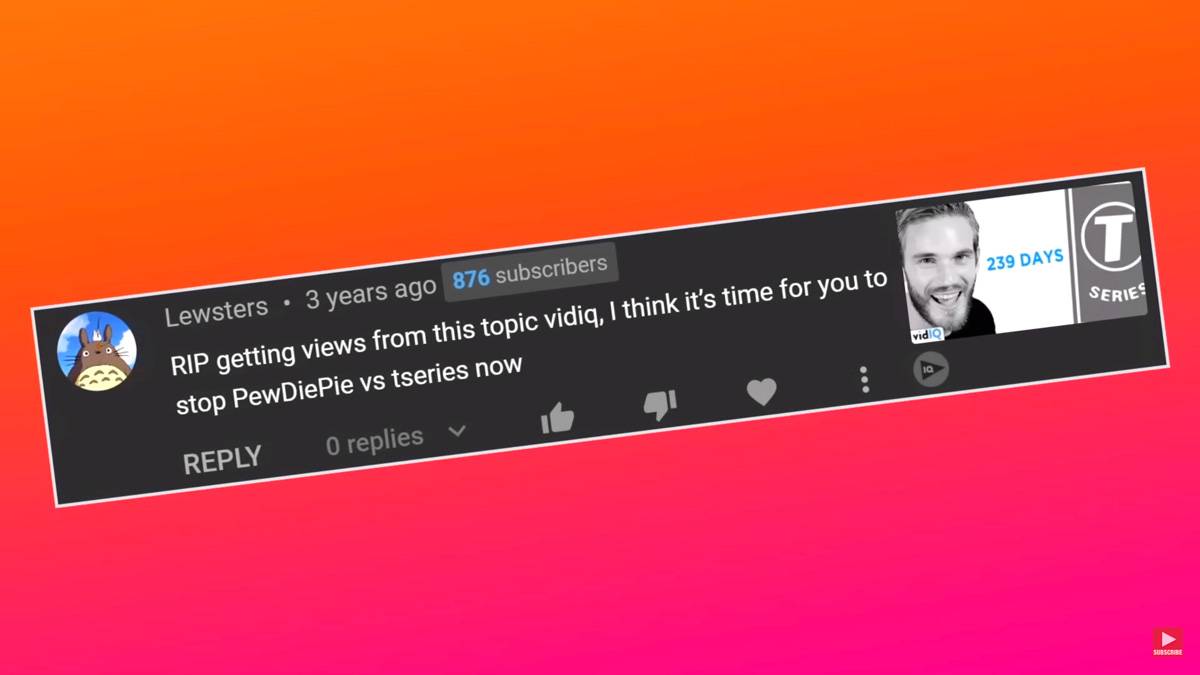 Video comment where a small creator asks vidIQ to stop covering the PewDiePie vs T-Series topic