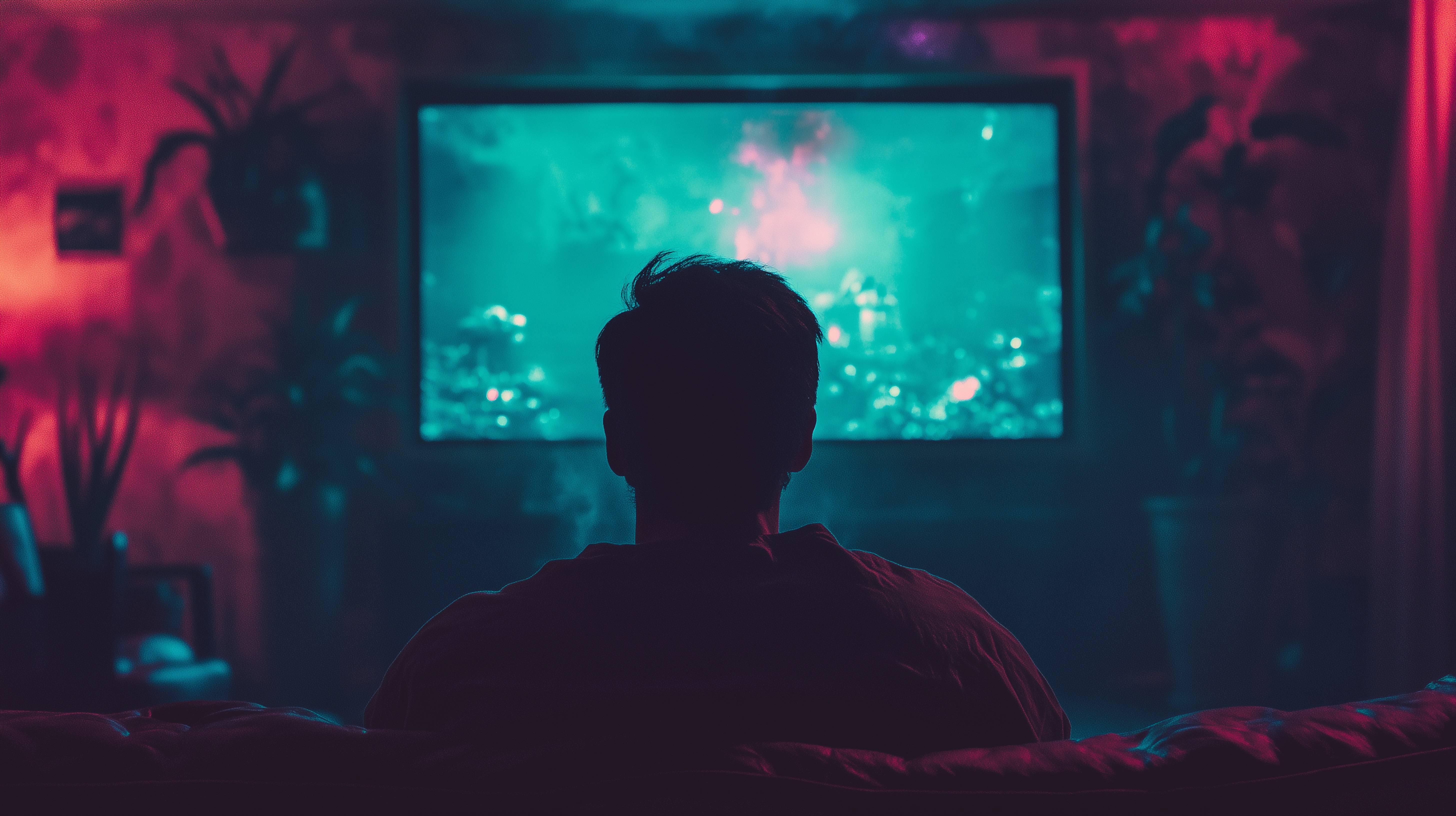 man watching video on screen