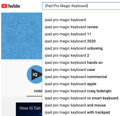 YouTube search suggestions for iPad Pro Magic Keyboard including reviews and unboxing videos