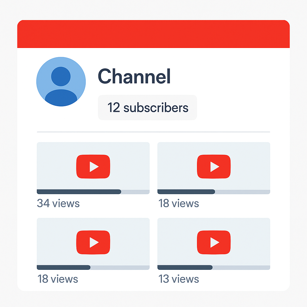 illustration of a small YouTube channel dashboard with 12 subscribers and low view video thumbnails