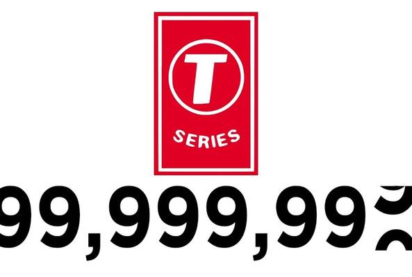 T-Series logo with subscriber count approaching 100 million on a white background