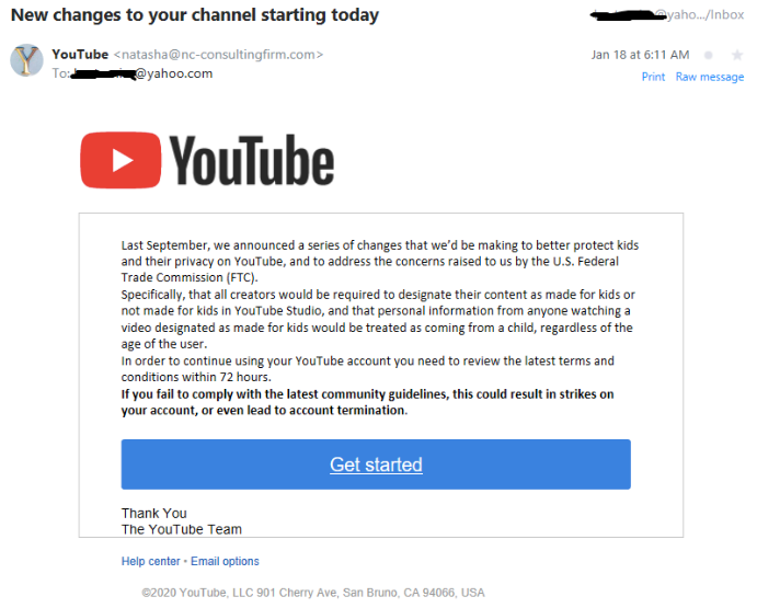 Screenshot of YouTube email about new channel changes and content guidelines update.