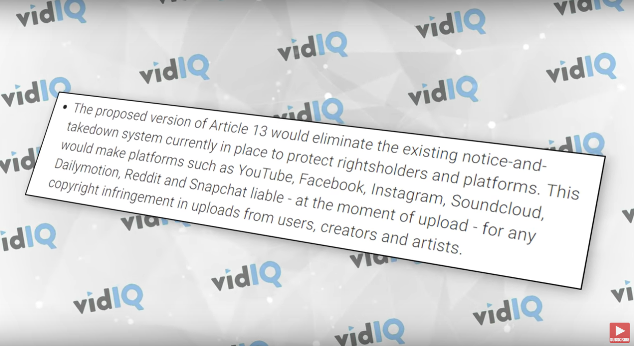 Text about Article 13 removing notice-and-takedown, making platforms liable for copyright uploads
