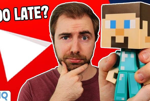 Man holding Minecraft figure with YouTube play button and "Too Late?" text background