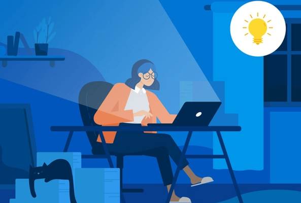 Woman working on laptop at home office at night with light bulb idea icon above.