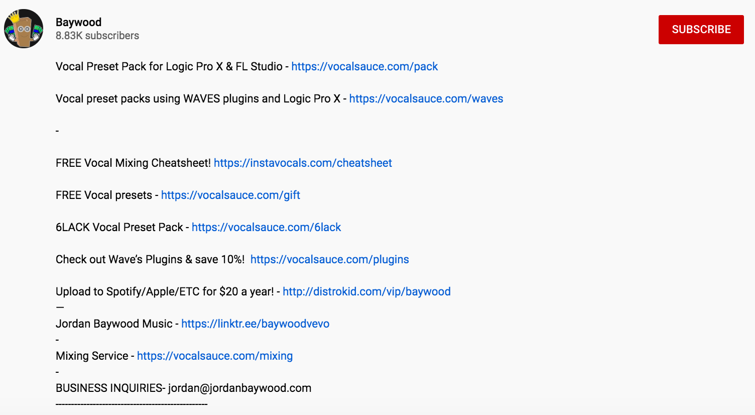 YouTube video description with vocal preset packs, mixing services, and music links by Baywood.