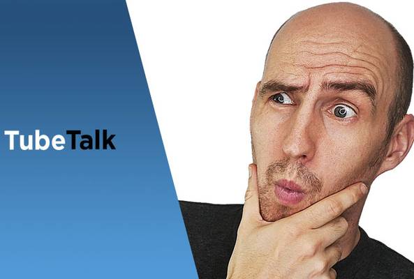 Man with thoughtful expression next to blue background with TubeTalk text logo