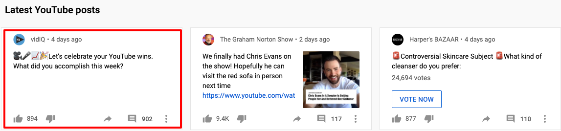 YouTube posts preview showing user engagement, comments, and video discussion highlights