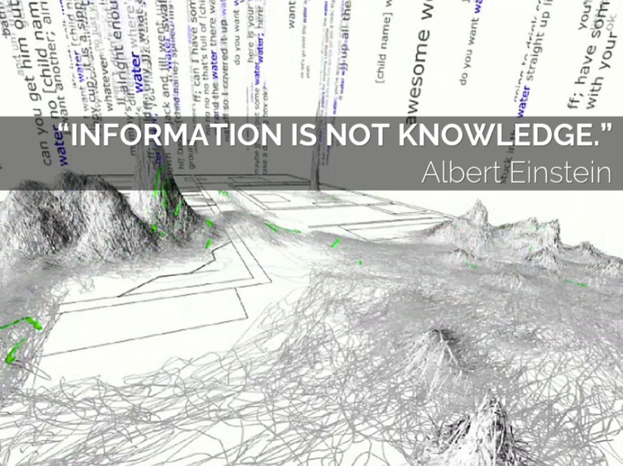 Albert Einstein quote “Information is not knowledge” over abstract digital landscape background.