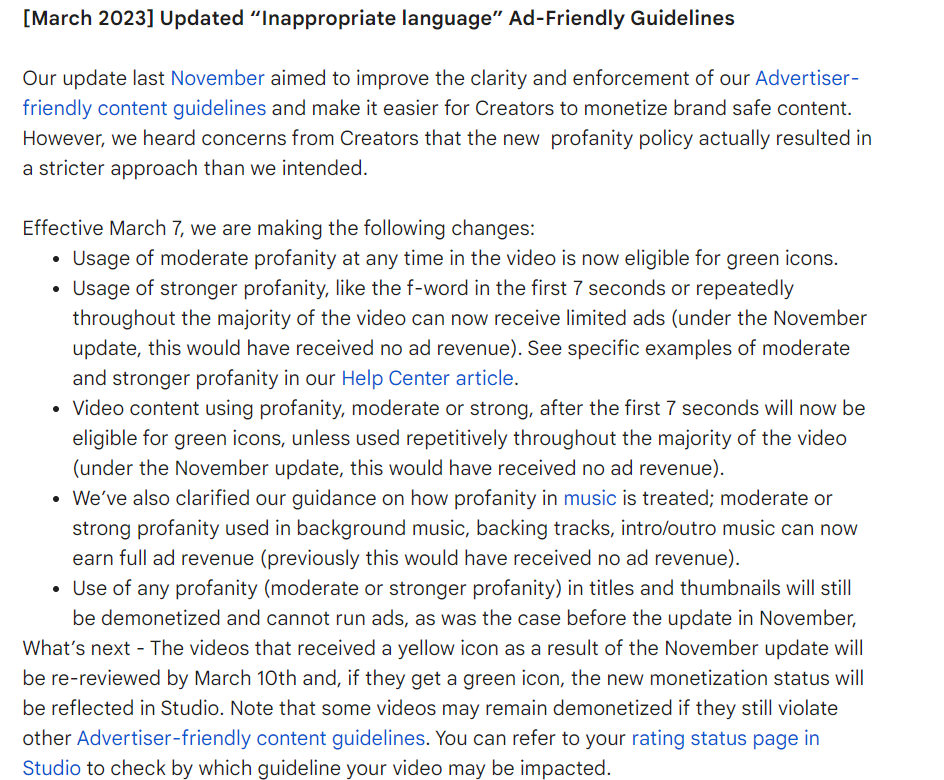 Updated March 2023 ad-friendly guidelines for profanity use in video monetization policies