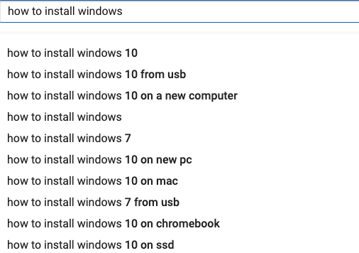 Search suggestions for installing Windows including versions and methods like USB and new PC.