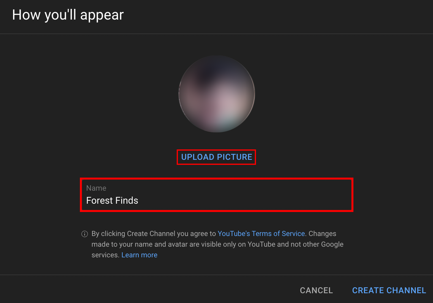 Create a channel screen with options to upload profile picture and name your channel