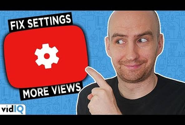Man pointing to a YouTube settings icon with text "Fix Settings More Views" for video SEO tips.