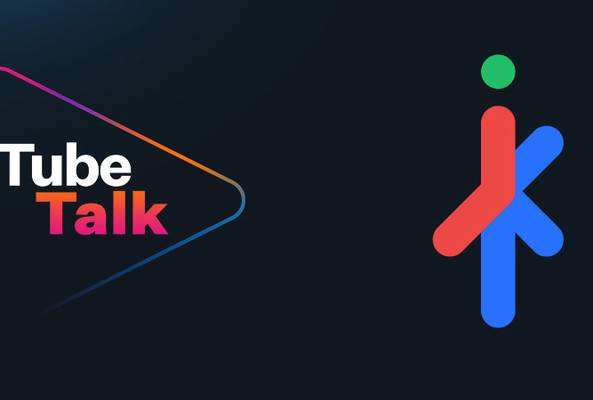 Tube Talk logo with colorful triangular play icon and abstract human figure on dark background