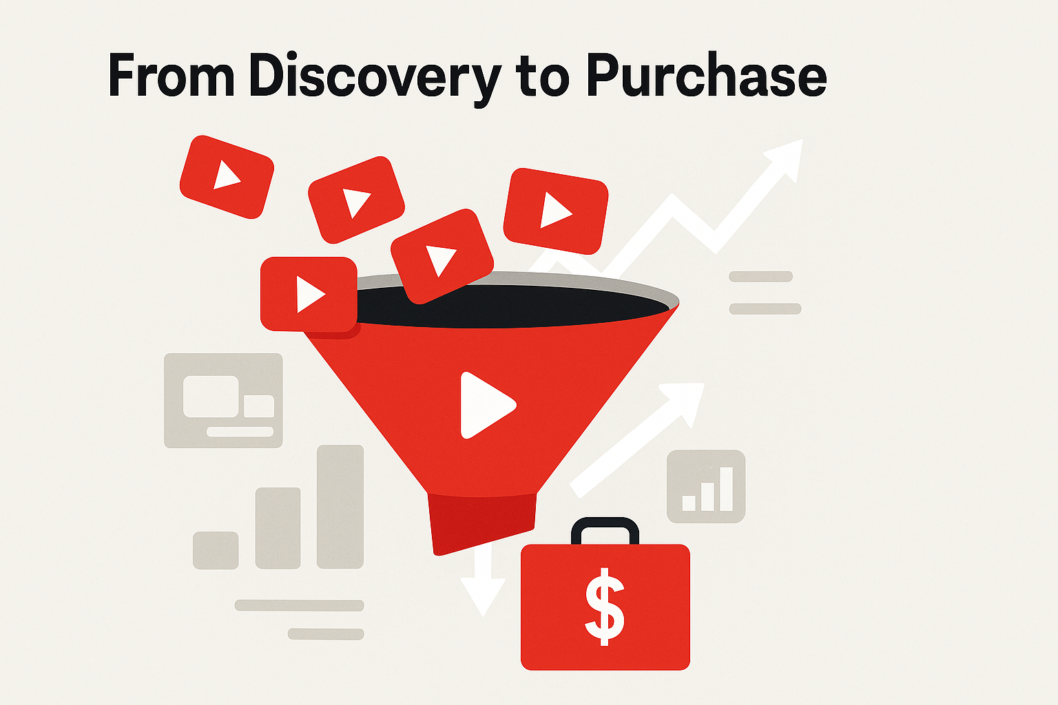 illustration of YouTube play icons dropping into a red funnel labeled with a play button, with the title 'From Discovery to Purchase'