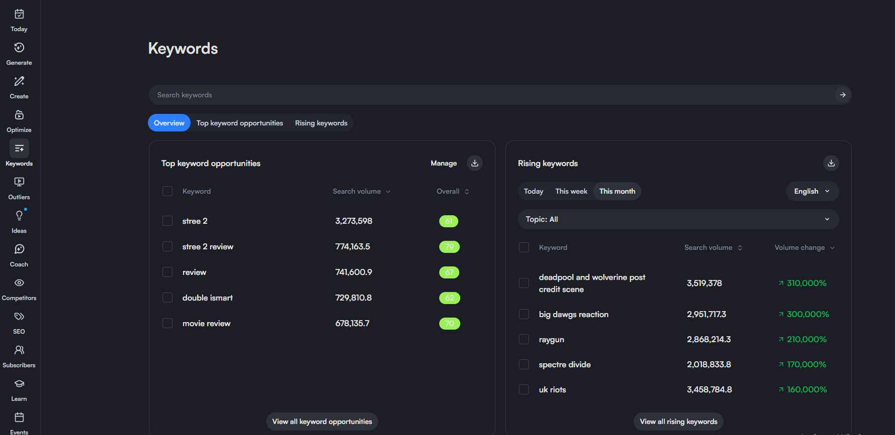 Keyword tab on the vidiq webapp