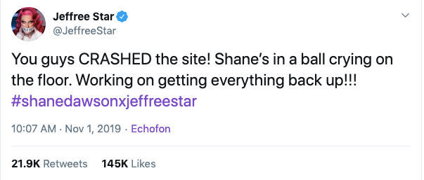 Screenshot of Jeffree Star’s tweet about website crash and recovery efforts.