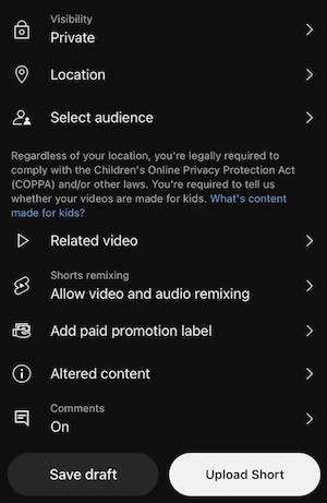 privacy settings on YouTube Shorts uploader