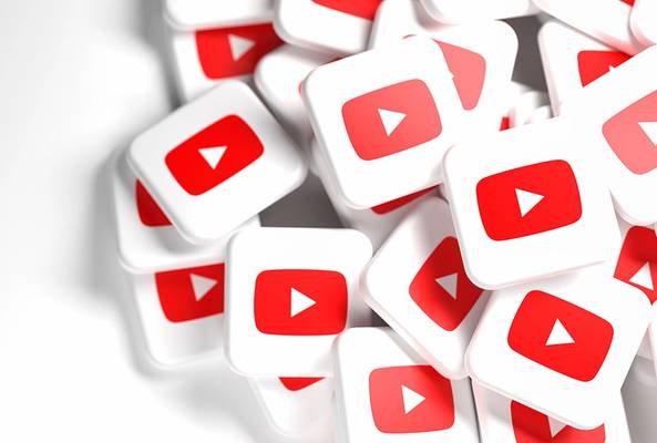 Pile of white square blocks with red YouTube play button icons on a white background