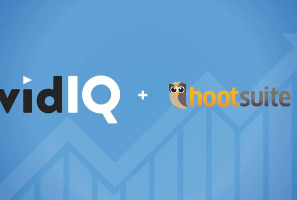 vidIQ and Hootsuite logos on blue background with upward trending graph arrows