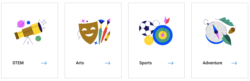 Icons representing STEM, arts, sports, and adventure categories with relevant objects.