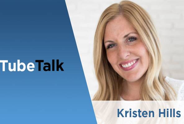 Smiling woman Kristen Hills featured in TubeTalk video podcast branding background