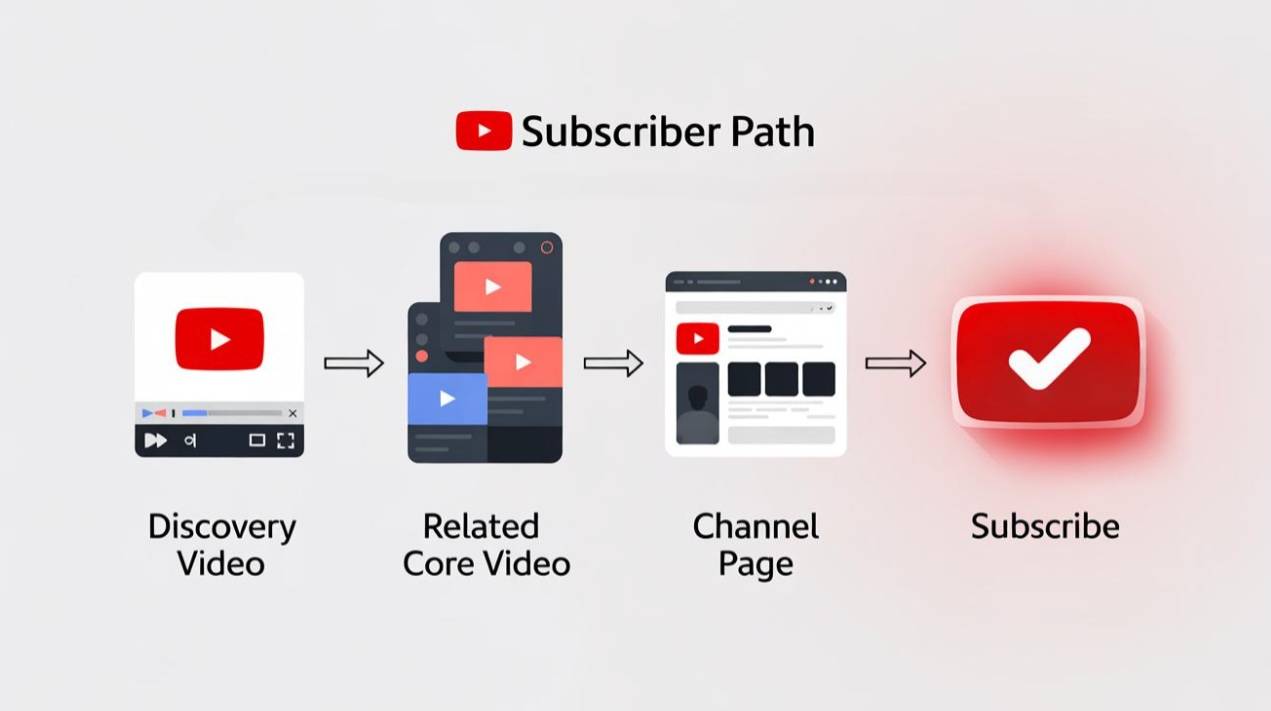 the subscriber path going from a discovery video to a related video to channel page and then subscribing
