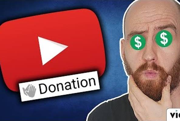 Person with dollar sign eyes next to YouTube donation button and logo illustration
