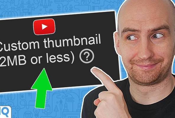 Man pointing at YouTube custom thumbnail size limit text with vidIQ logo on blue background
